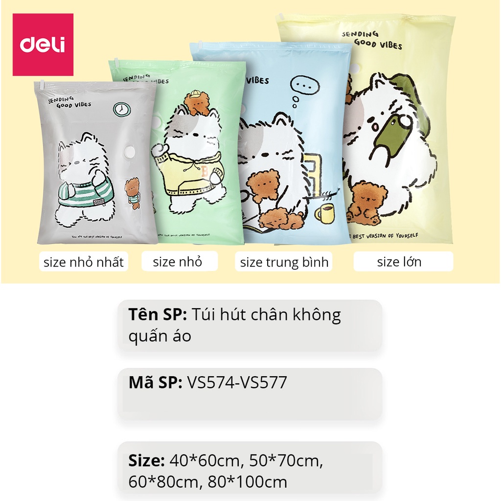 Túi Hút Chân Không Quần Áo Deli-Loại Cao Cấp, DÀY GẤP ĐÔI, Nắp Van Chống Rò Rỉ Hơi, Tránh Ẳm Nấm Mốc