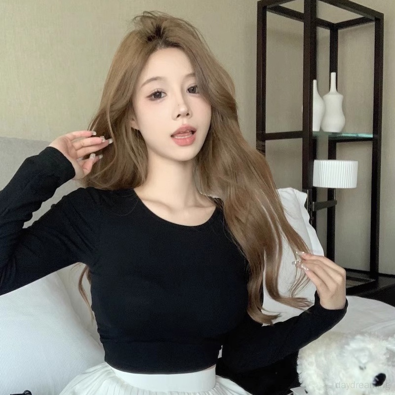 Áo Thun croptop Tay Dài Hở Lưng Màu Sắc Đơn Giản Phong Cách Hàn Quốc Quyến Rũ Cho Nữ