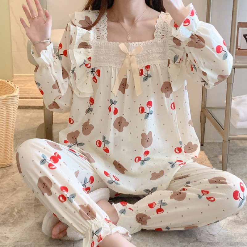 HUIZUMEI Bộ Đồ Ngủ nữ mùa đông Dài Tay Pijama Dễ Thương Phối Ren Dáng Rộng Phong Cách Công Chúa