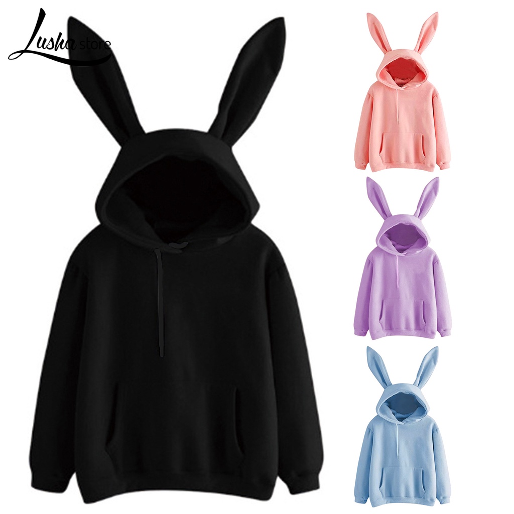Áo hoodie Tai Thỏ Dài Màu Trơn Ấm Áp Dễ Thương Cho Nữ