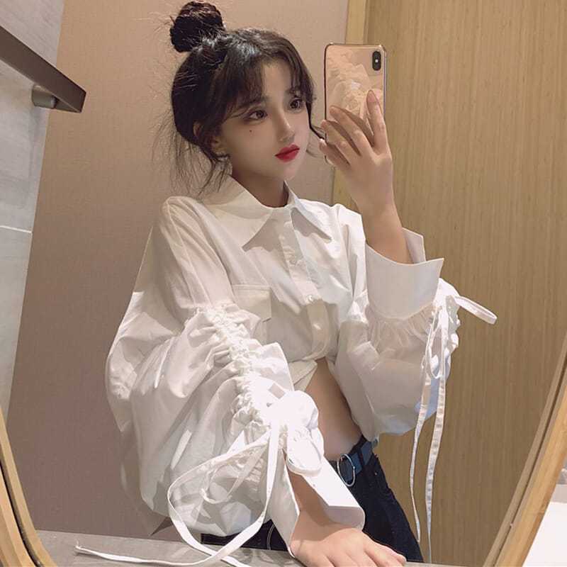 Áo Sơ Mi Nữ Tay Dài Dáng Rộng Cổ Búp Bê Phong Cách Thời Trang Pháp