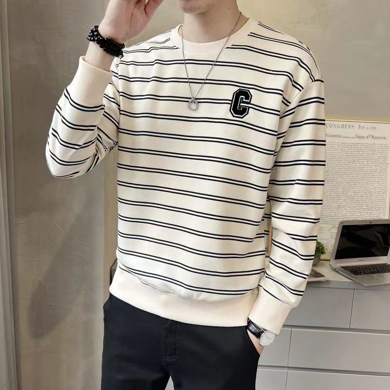 Áo Thun Nỉ Tay Dài Cổ Tròn Họa Tiết Kẻ Sọc Thời Trang Thu Đông Hàn Quốc Cho Nam