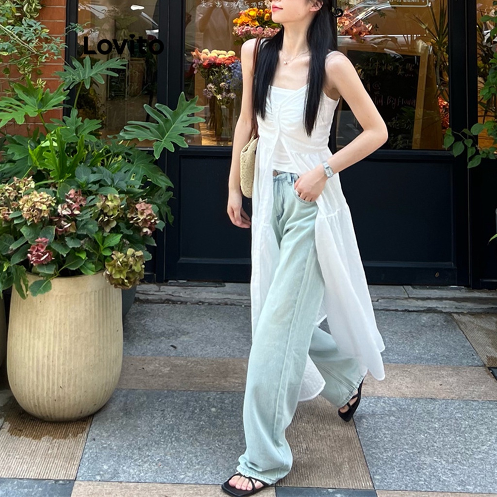 Áo sát nách Lovito xẻ tà cài nút phía trước màu trơn thường ngày cho nữ LNE21215