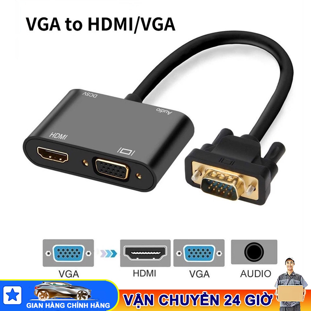 Bộ Chia VGA Sang HDMI & VGA 3.5mm, Bộ Chia Cổng VGA Sang HDMI VGA 1080P VGA 2 Trong 1 Cho Máy Tính, VGA to HDMI+VGA