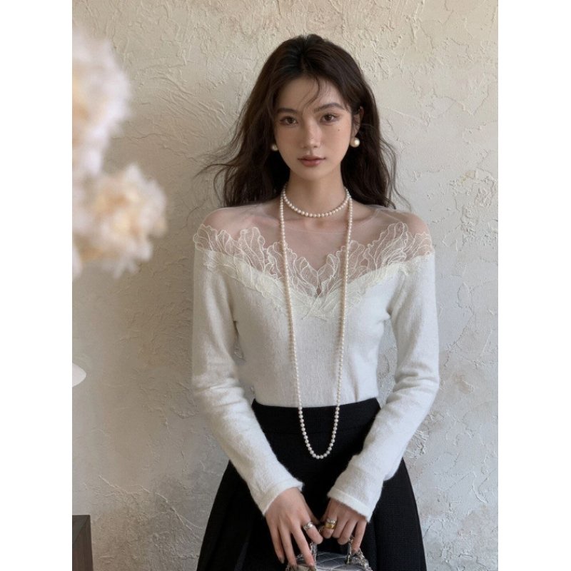 Áo Kiểu Tay Dài Trễ Vai Phối Ren Lưới Phong Cách Pháp