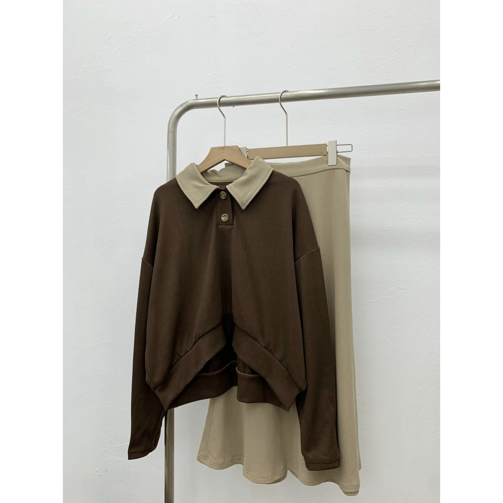 Set áo cổ polo phối màu viền lượn kèm chân váy dài xoè nhẹ S622 SUSSTORE