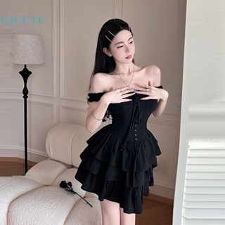 Gjcute Đầm mini Dự Tiệc Trễ Vai Phối Tua Rua Màu Đen Cho Nữ Wd