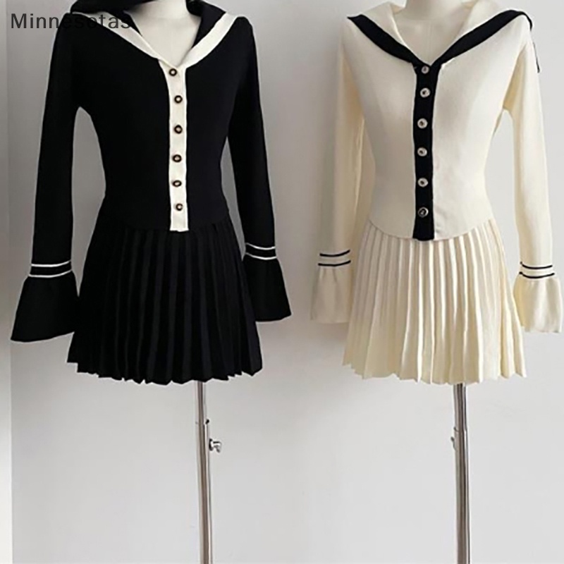 Set Áo sweater Dệt Kim Phối Nút + Chân Váy mini Thời Trang Công Sở Mùa Thu