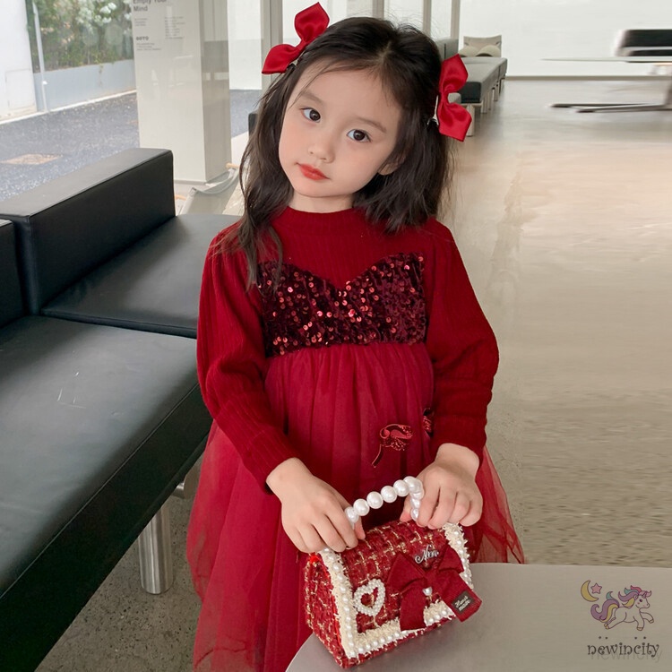 Đầm Công Chúa Giả Hai Lớp Đính Kim Sa Thắt Nơ Phong Cách Hàn Quốc Cho Bé Gái