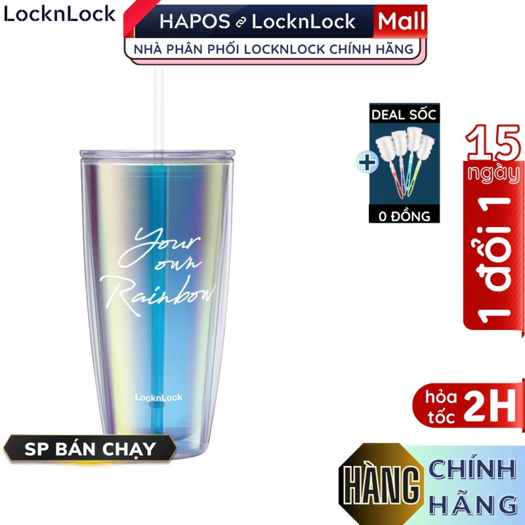 Ly nhựa 2 lớp Lock&Lock màu trắng kèm ống hút Your Own Rainbow double wall cold cup with straw HAP507WHTH - HAPOS