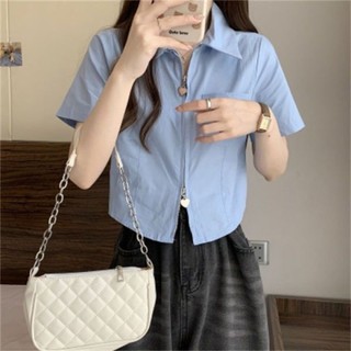 Áo sơ mi nữ tay ngắn màu trơn 2024, dây kéo hai đầu thời trang công sở thông thường có túi