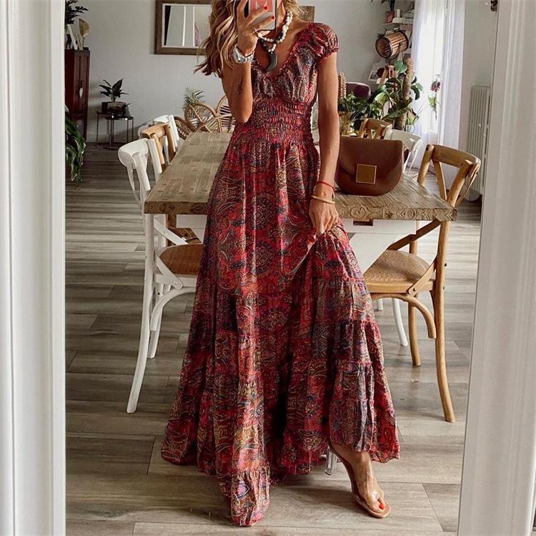 Váy dài tay cổ chữ V in họa tiết Bohemian dành cho nữ