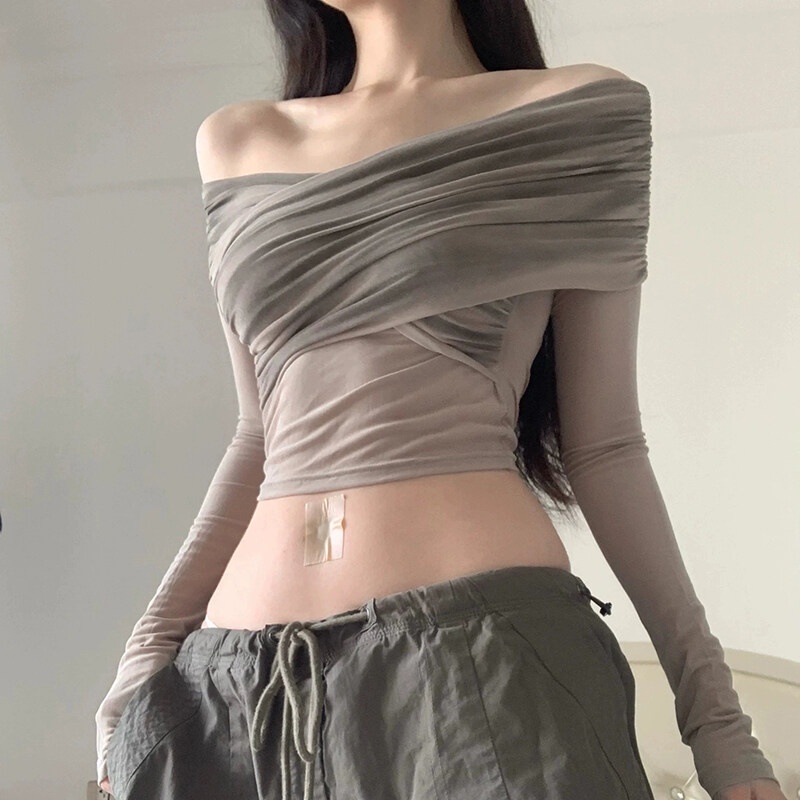 Weird Puss Áo Croptop Trễ Vai Tay Dài Màu Trơn Thời Trang Quyến Rũ Cho Nữ Màu Sắc