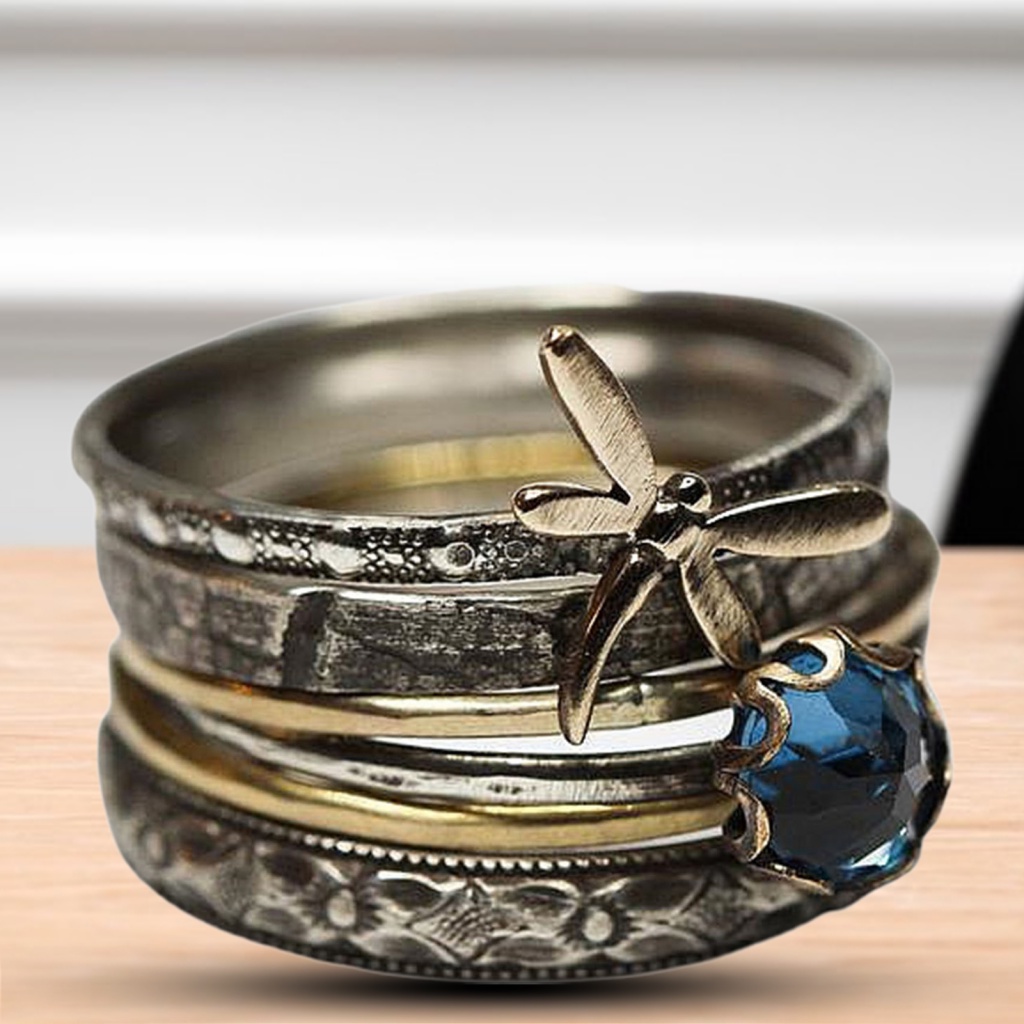 Xia| Nhẫn Đính Hôn Nhiều Lớp Hình Chuồn Chuồn Đính Đá Pha Lê Phong Cách vintage