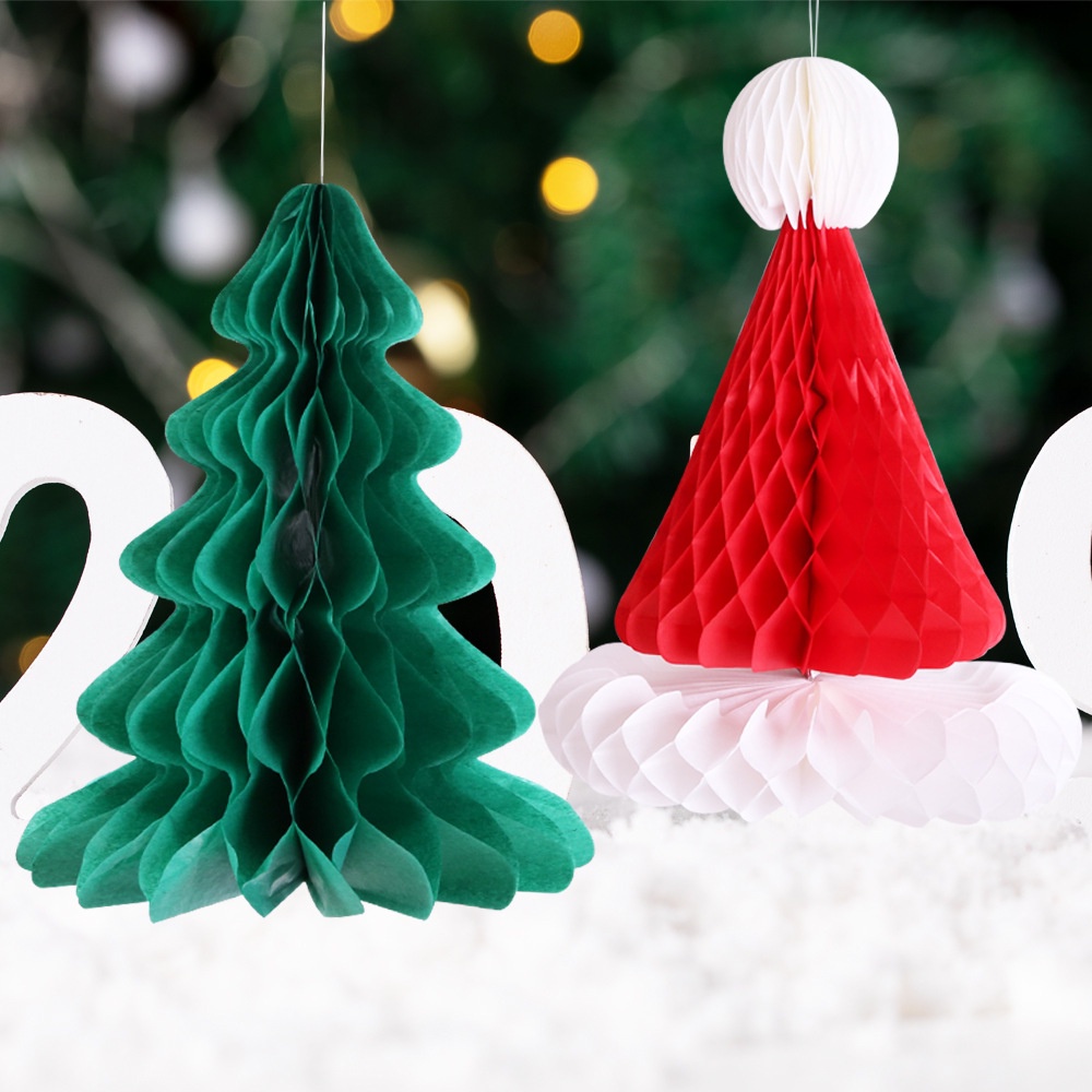 Mũ ông già Noel tổ ong Đồ trang trí Giáng sinh Mũ cây thông Noel Trang trí lễ hội Giáng sinh/Cây treo biểu ngữ Giáng sinh Cờ bố trí trần nhà