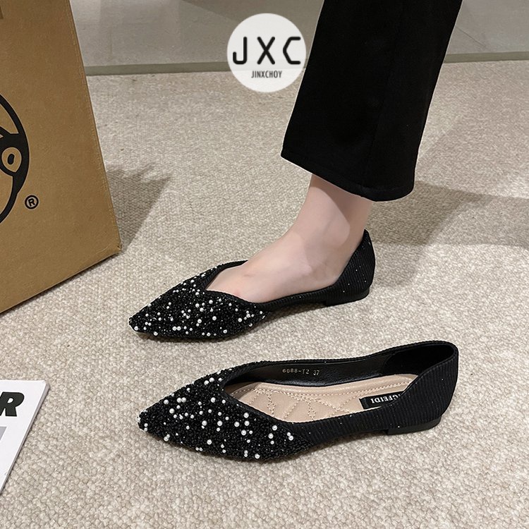 Mới Giày Lười Da pu Gót Thấp Mũi Nhọn Đính Sequin Lấp Lánh Thời Trang Cho Nữ