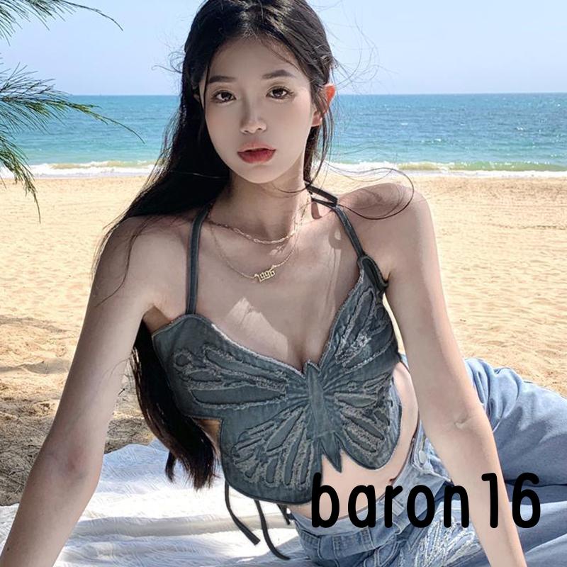 Áo Croptop Sát Nách Hoạ Tiết Bướm 3d Thiết Kế Hở Lưng Quyến Rũ