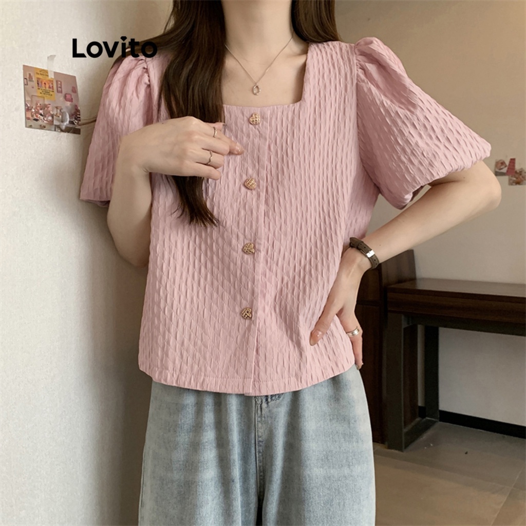Áo kiểu Lovito cổ tròn tay phồng màu trơn thường ngày cho nữ LNA14231 (màu hồng)