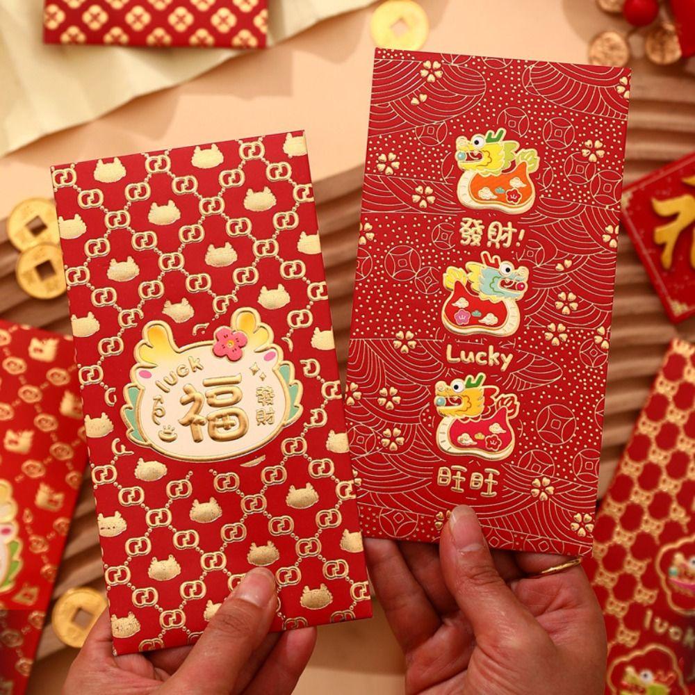 Set 6 Bao Lì Xì Màu Đỏ Họa Tiết Rồng Năm Mới 2024 Phong Cách Trung Hoa
