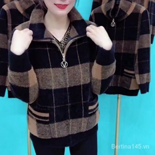 Áo Khoác cardigan Len Lông Cừu Dày Cỡ Lớn Kẻ Sọc Caro Có Khóa Kéo Giữ Ấm Mùa Đông Phong Cách Mới Cho Mẹ @ -