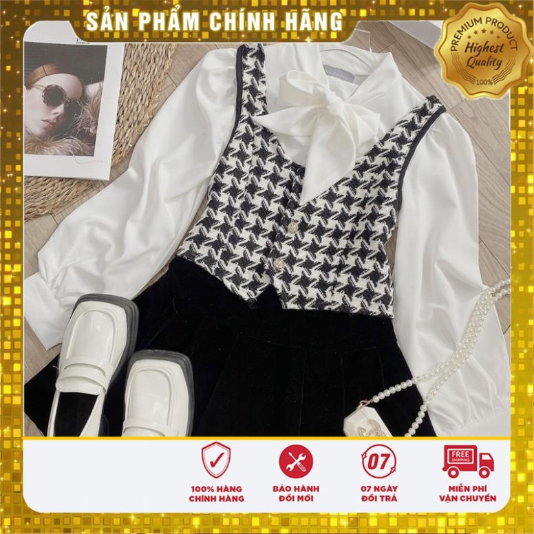 VS21 Vivi Shop Set Dạ 2 Món Áo Gile Kẻ Liền Sơ Mi Trong Siêu Dễ Thương phong Cách Hàn Quốc Có Ảnh Thật