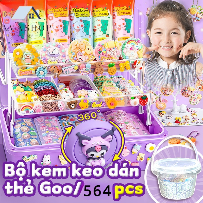 564 pcs Bộ kem keo dán thẻ Goo đồ chơi trẻ em, đồ chơi tự làm quà tặng cho người thân,hộp lưu trữ 3 lớp đặc biệt cao cấp