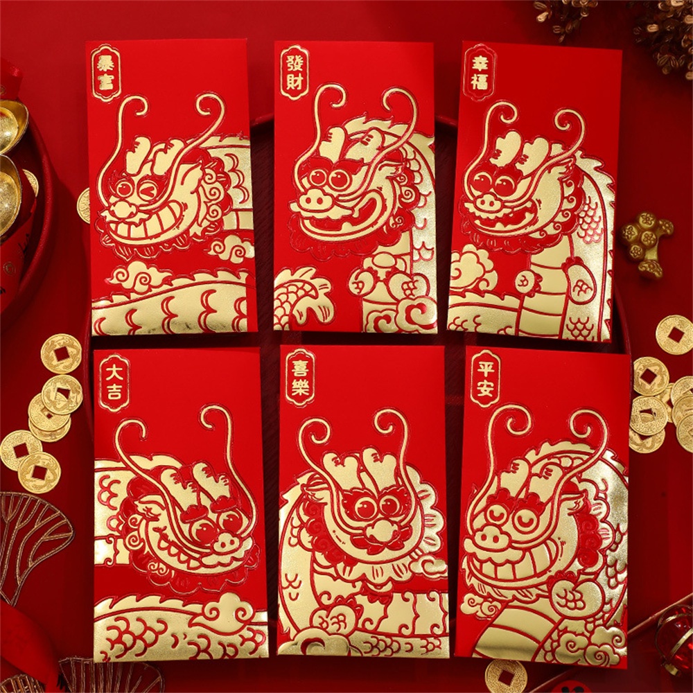 6 Chiếc 2024 Năm Rồng Gel Phong Bì Đỏ Sáng Tạo Hoạt Hình Phong Bì Đỏ Năm Rồng Điềm Lành Dày Chất Lượng Cao Màu đỏ