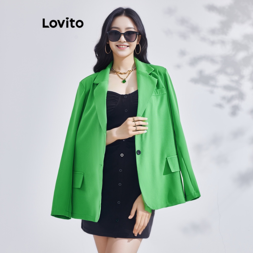 Áo blazer Lovito cài nút trước có đệm vai màu trơn thanh lịch cho nữ LBE03033 (Màu xanh lá)