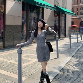 Đầm Dệt Kim Tay Dài Cổ Chữ v Dáng Ôm Thời Trang Hàn Quốc Quyến Rũ Cho Nữ