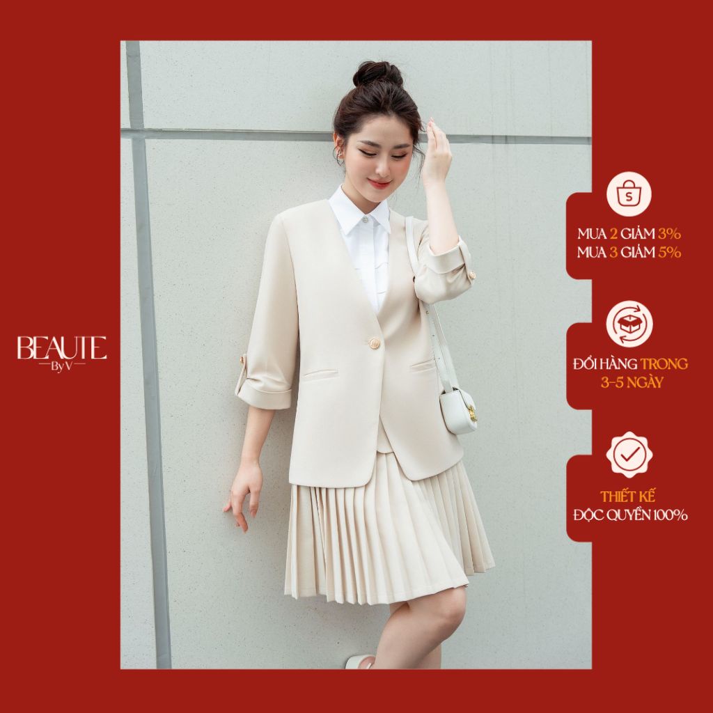 BEAUTEBYV - Áo blazer nữ không cổ tay nhún lửng Bruce