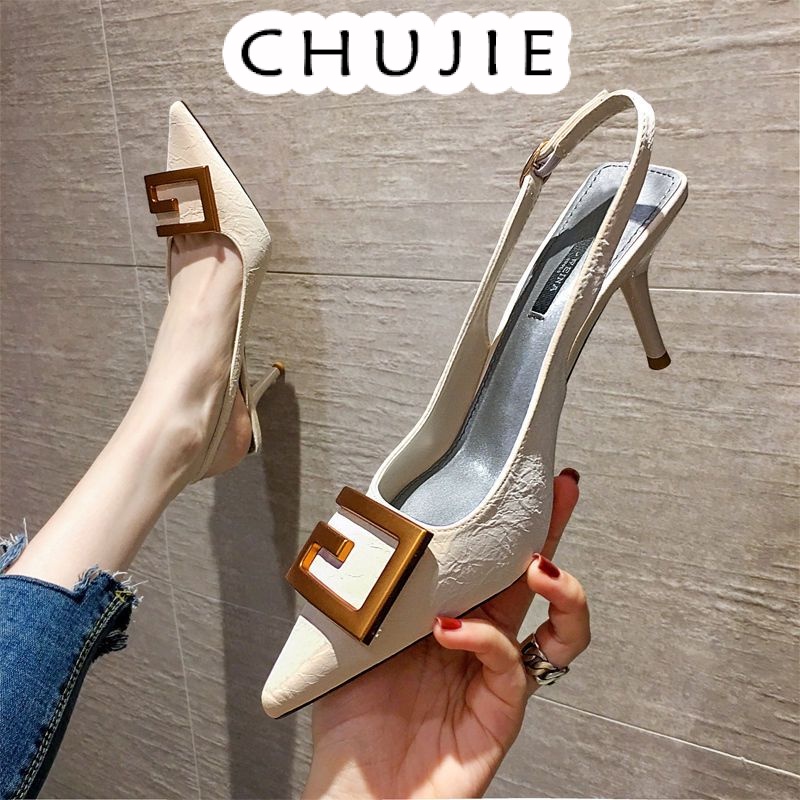 CHUJIE Giày cao gót mũi nhọn thời trang cá tính cho nữ，được trang trí bằng khóa kim loại 18Z23042404
