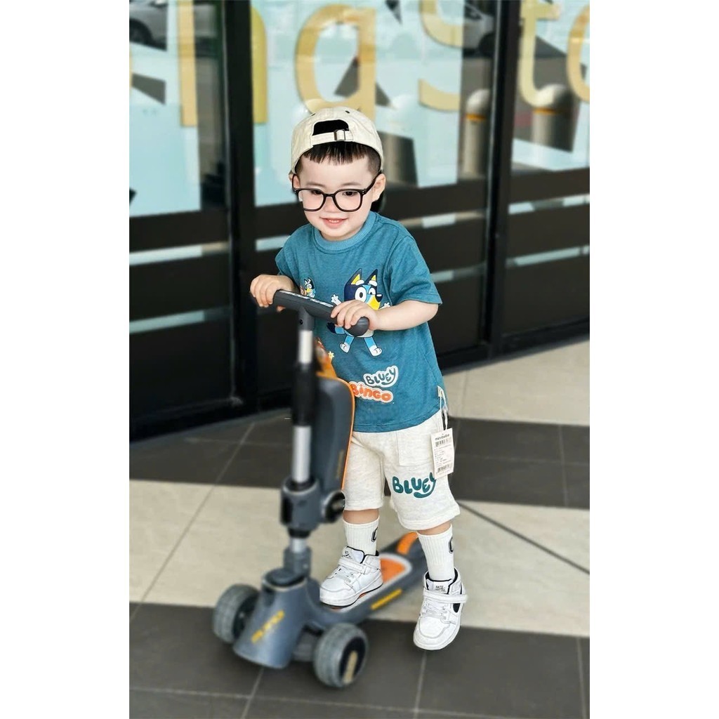 BN093- Bộ thun cộc tay trẻ em Bluey xanh ghi áo cotton mix quần cua MAi linh KID 2