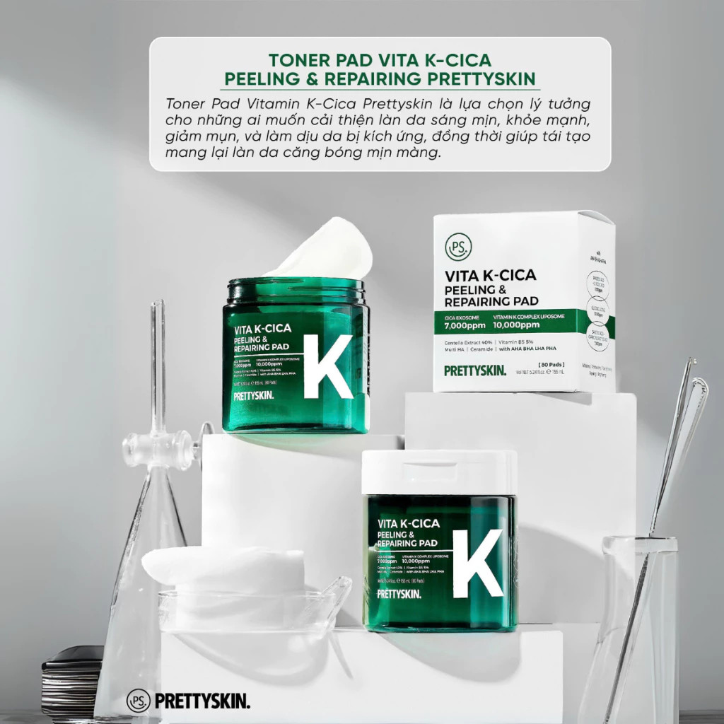 Toner Pad Làm Dịu Da, Giảm Mụn, Giúp Da Căng Bóng Prettyskin Vita K-Cica Peeling & Repairing Pad Hàn Quốc 80 Miếng/155ml