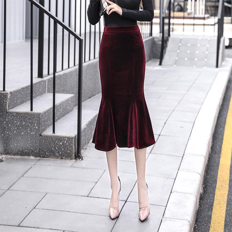 Chân Váy Nhung Dài Ôm Dáng Màu Trơn Thời Trang Dành Cho Nữ