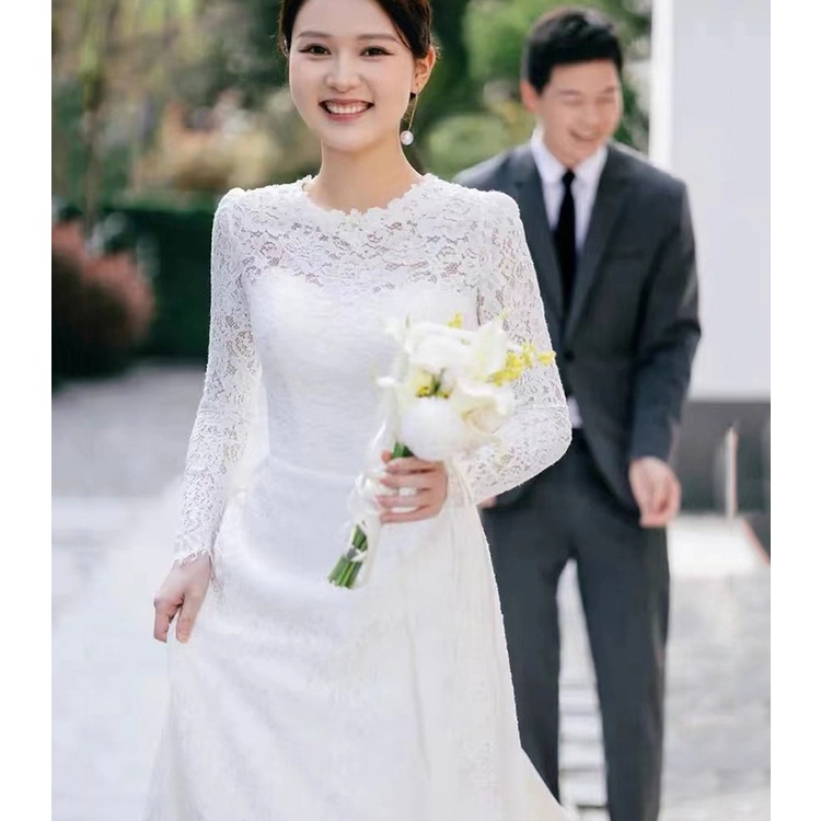 Đầm Cô Dâu Tay Dài Phối Ren Màu Trắng Thời Trang