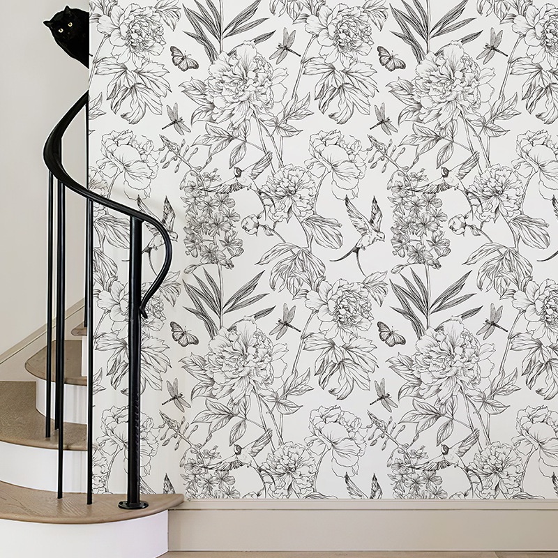 Đen Giấy Dán Tường Tự Dính Họa Tiết Hoa Mẫu Đơn Và Khung Hoa Mẫu Đơn Tháo Rời Được