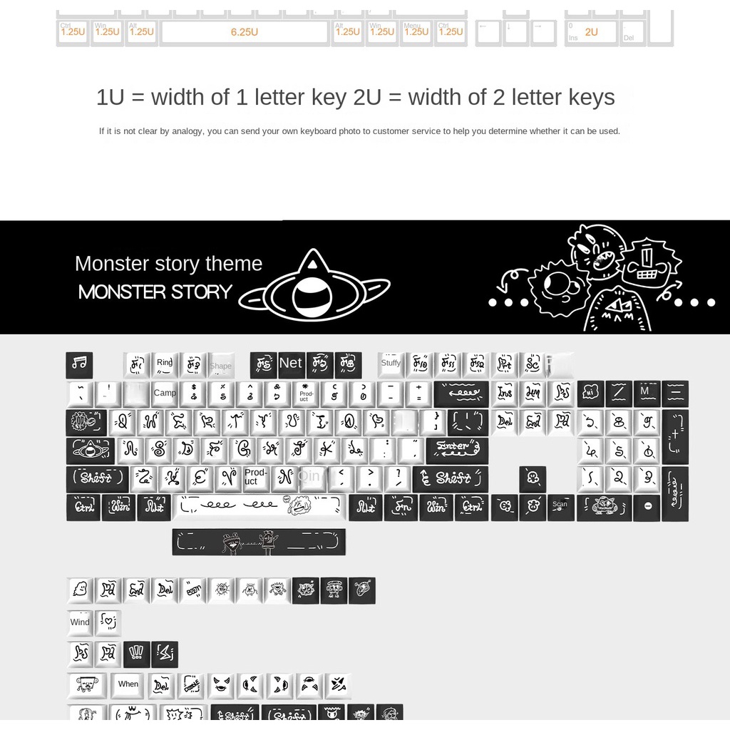 MONSTER STORY Cute Cartoon Black and White Keycaps Bàn Phím Cơ 139 Phím Màu Trắng Đen In Hình Hoạt Hình Dễ Thương