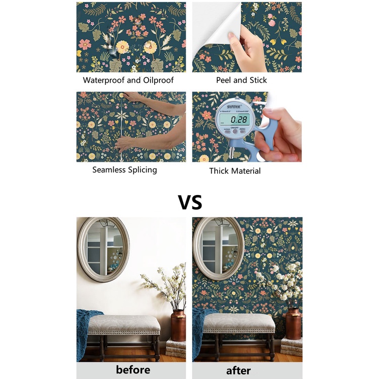 Giấy Dán Tường Tự Dính Chống Thấm Nước Họa Tiết Hoa Màu Xanh Dương Trang Trí Phòng Ngủ