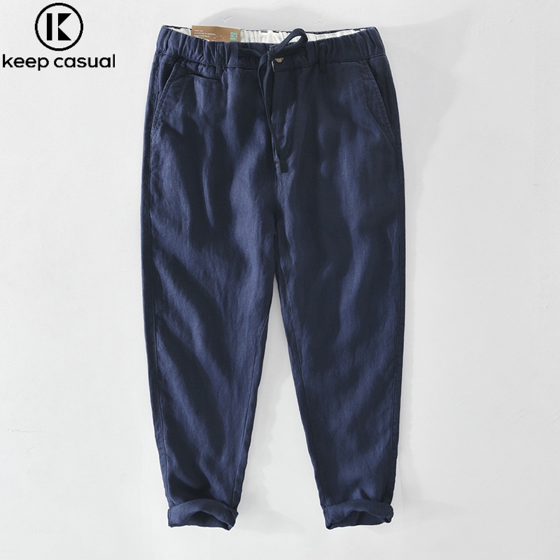 Quần Dài Nam 9 Tấc 100% Vải Lanh Dáng Rộng Có Dây Rút Phong Cách retro