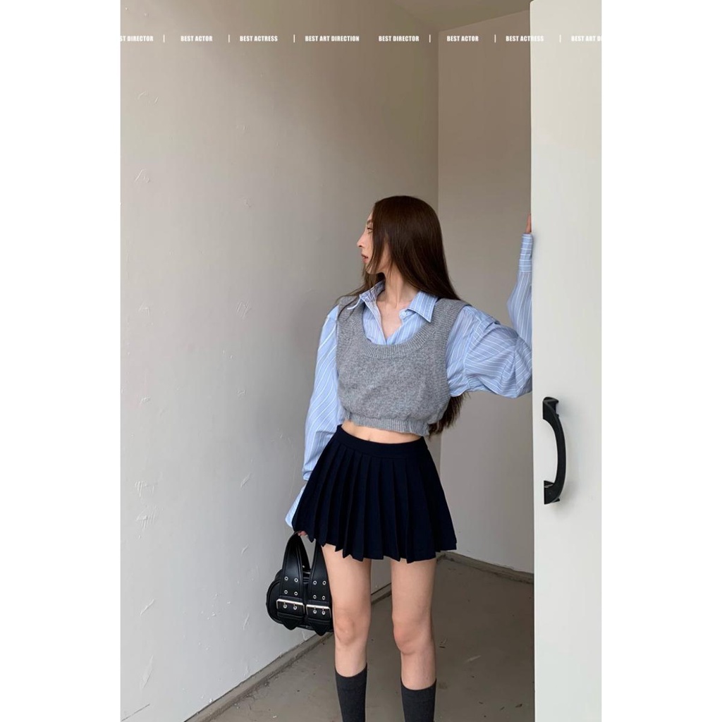 Set Áo Sơ Mi Kẻ Sọc Dài Tay + Áo Khoác Ghi Lê + Chân Váy Xếp Li Thời Trang Dành Cho Nữ 3n