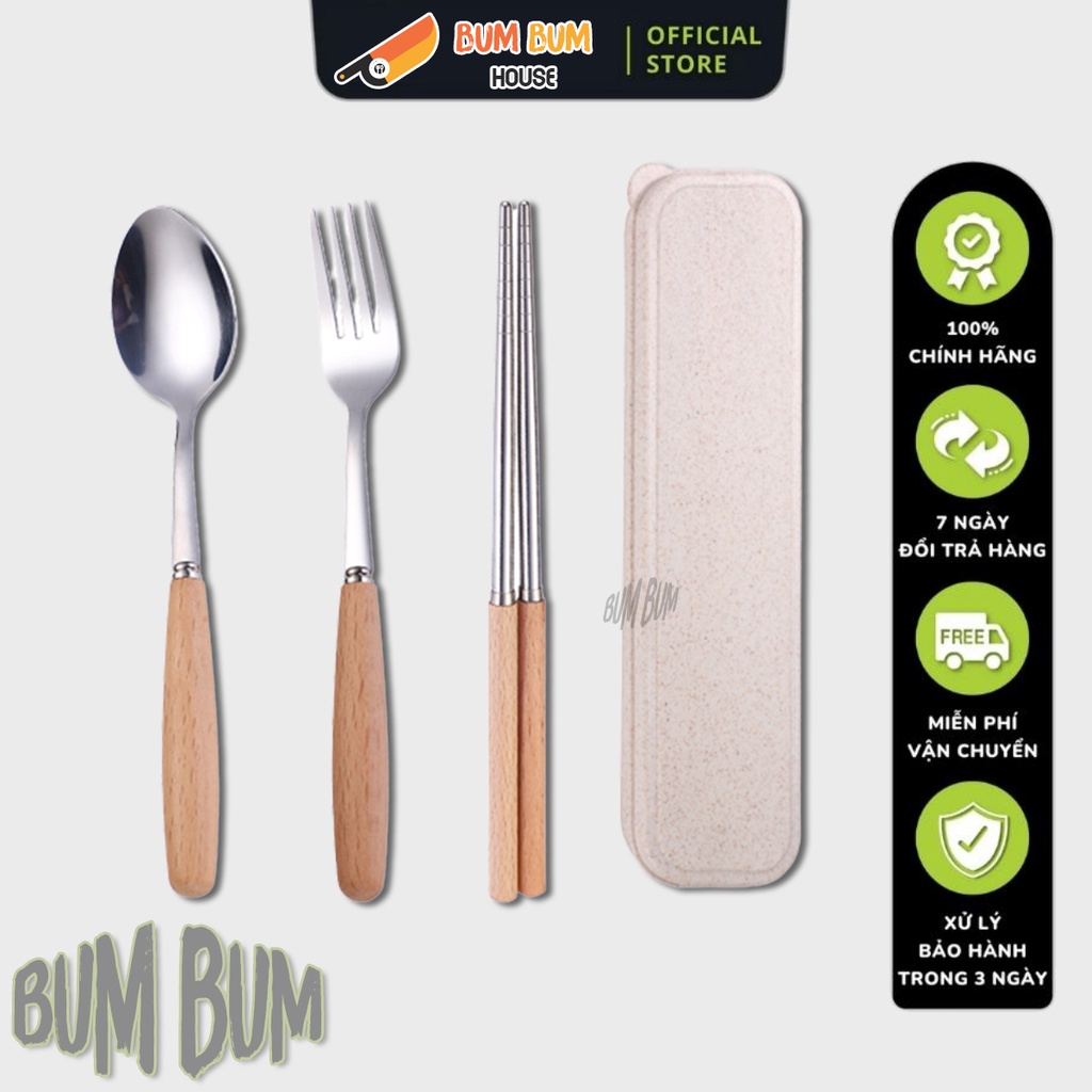 Bộ 3 món thìa đũa nĩa Bum Bum House cho cá nhân văn phòng, học sinh sinh viên đi học chất liệu lúa m