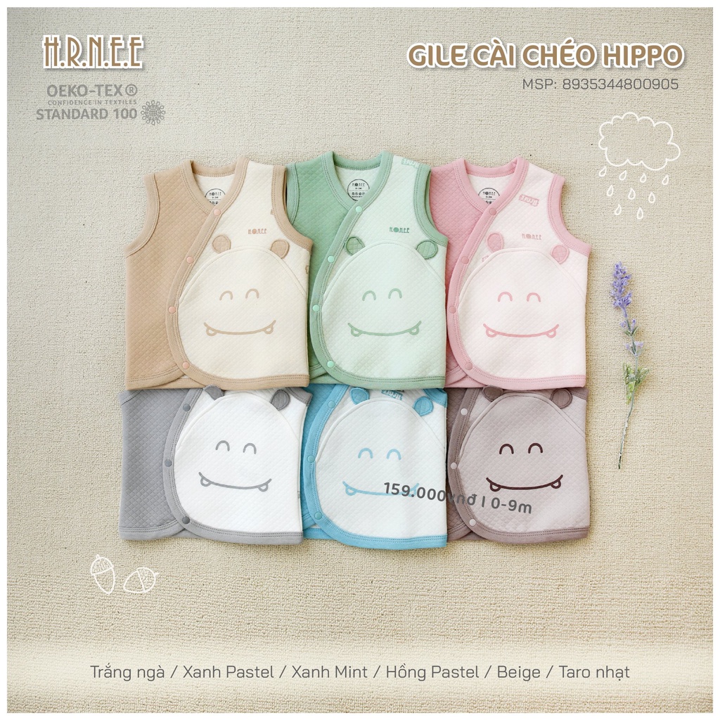 H.R.N,E.E -  Áo gile trần bông cài chéo Hippo cho bé trai bé gái từ 0m đến 6-9m