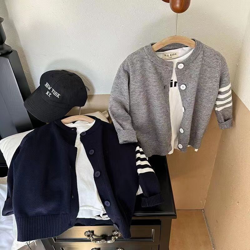 Áo Khoác cardigan Dệt Kim Một Hàng Nút Cổ Tròn Thời Trang Xuân Thu Hàng Mới Dành Cho Bé Trai Bé Gái