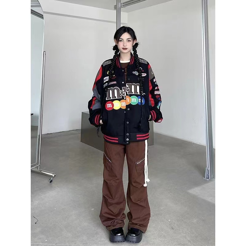 Áo khoác bóng chày nam ngắn tay dài một hàng nút in chữ kỹ thuật số Đa năng thời trang harajuku mới cho cặp Đôi