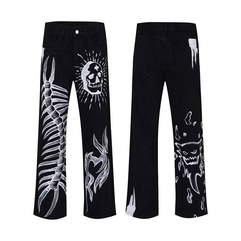 Graffiti Skull Personality Printed Jeans Men and Women New Ins Street Trend Hip Hop Straight Loose Pants GXnC