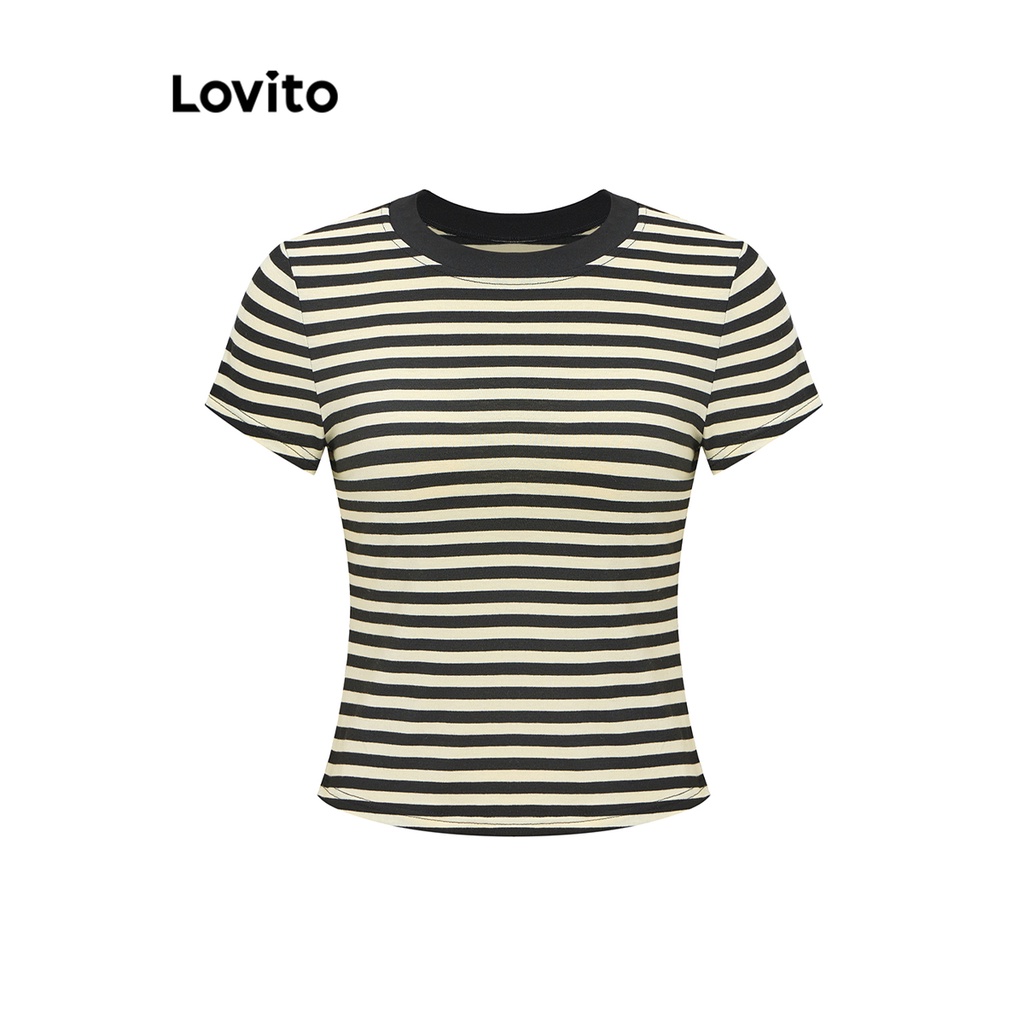Áo thun Lovito cổ tròn ghép nối màu sắc kẻ sọc thường ngày cho nữ LNE17156 (màu đen)