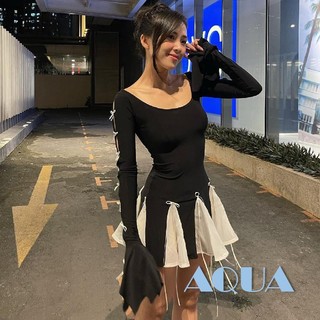 Anana Đầm Tay Dài Phối Nơ Màu Sắc Tương Phản Thiết Kế Thanh Lịch