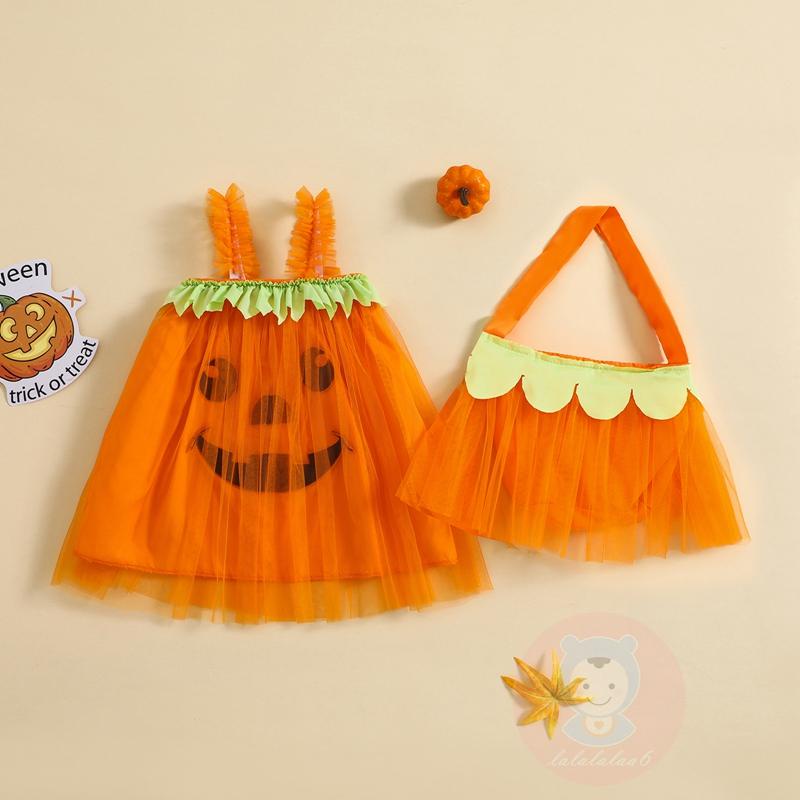 Laa6-đầm Vải Tuyn Không Tay Hình Bí Ngô halloween Kèm Túi Đựng Cho Bé Gái