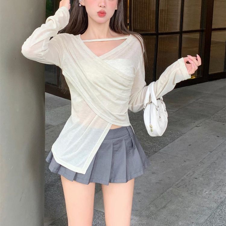 Áo sweater Cổ Chữ v Tay Dài Màu Trơn Phong Cách Pháp Thời Trang Mùa Hè Cho Nữ