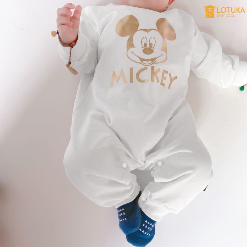 Bodysuit LOTUKA In Mickey Tặng Kèm Mũ Cao Cấp, Bộ Liền Thân Sơ Sinh Dài Tay Chất Liệu Cotton, Quần Áo Trẻ Em size 0-12m